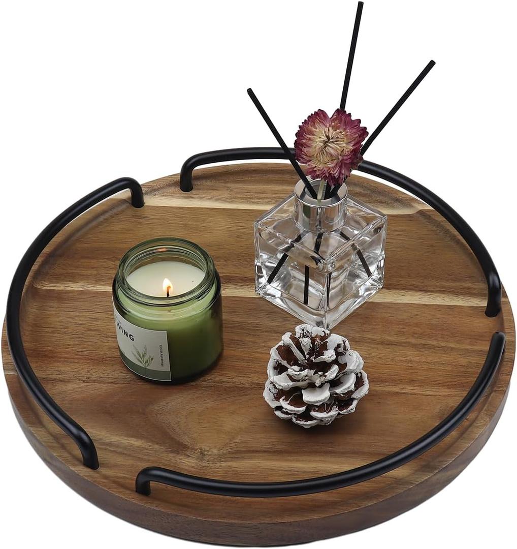 Round Wooden Serving Tray - Rustic Style Decorative Tray for Coffee Table, Living Room, Vanity - Acacia Wood Tray with Handles - Housewarming Gift - 12 Inches (Diameter) (Natural Color)
