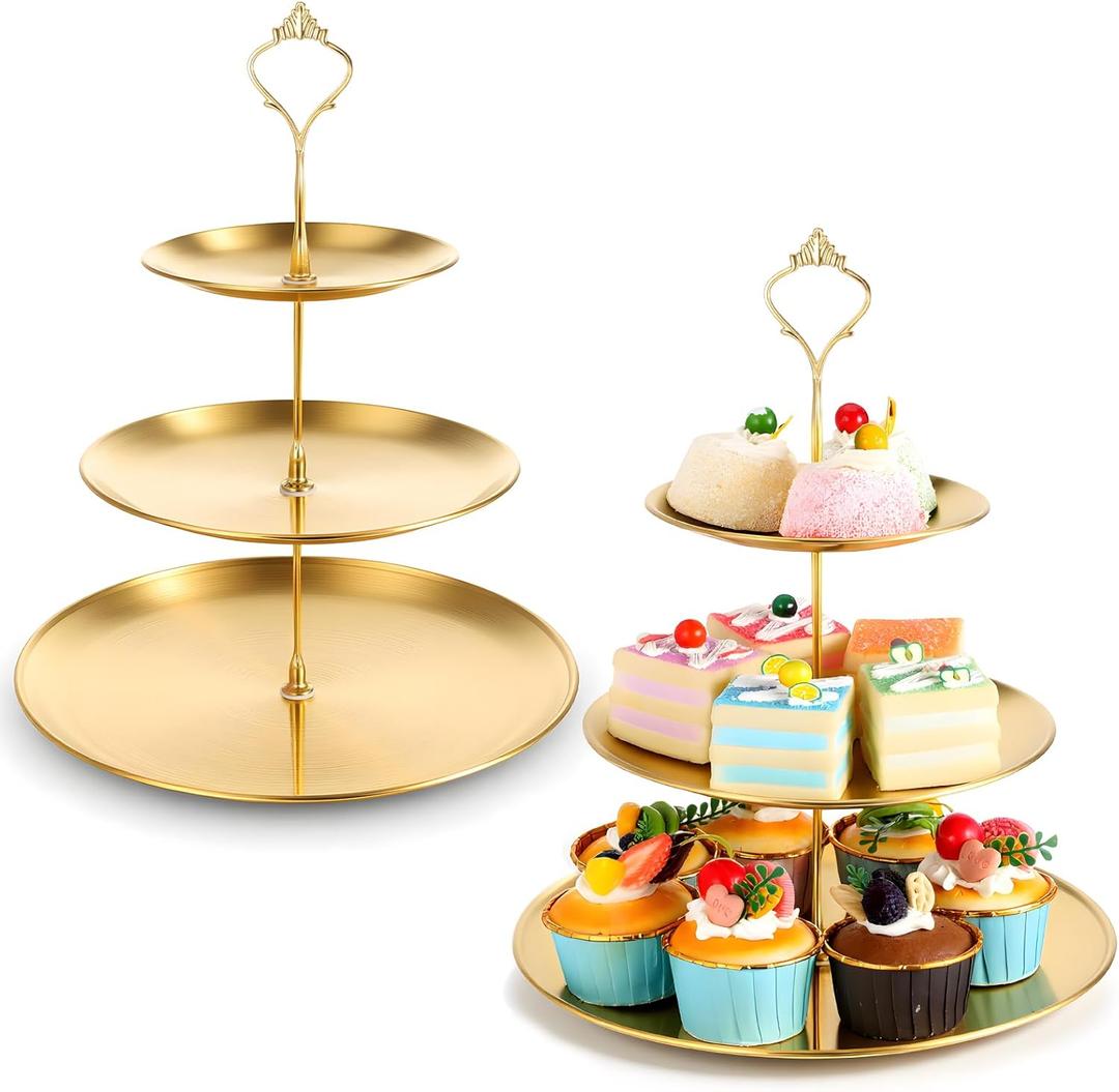 SHENLIU 2Pcs 3 Tier Gold Metal Cupcake Stand, Stainless Steel Tiered Dessert Stand Round Shape Dessert Serving Tray Cookie Candy Buffet Stands for Tea Party, Baby Shower, Wedding, Birthday, Christmas
