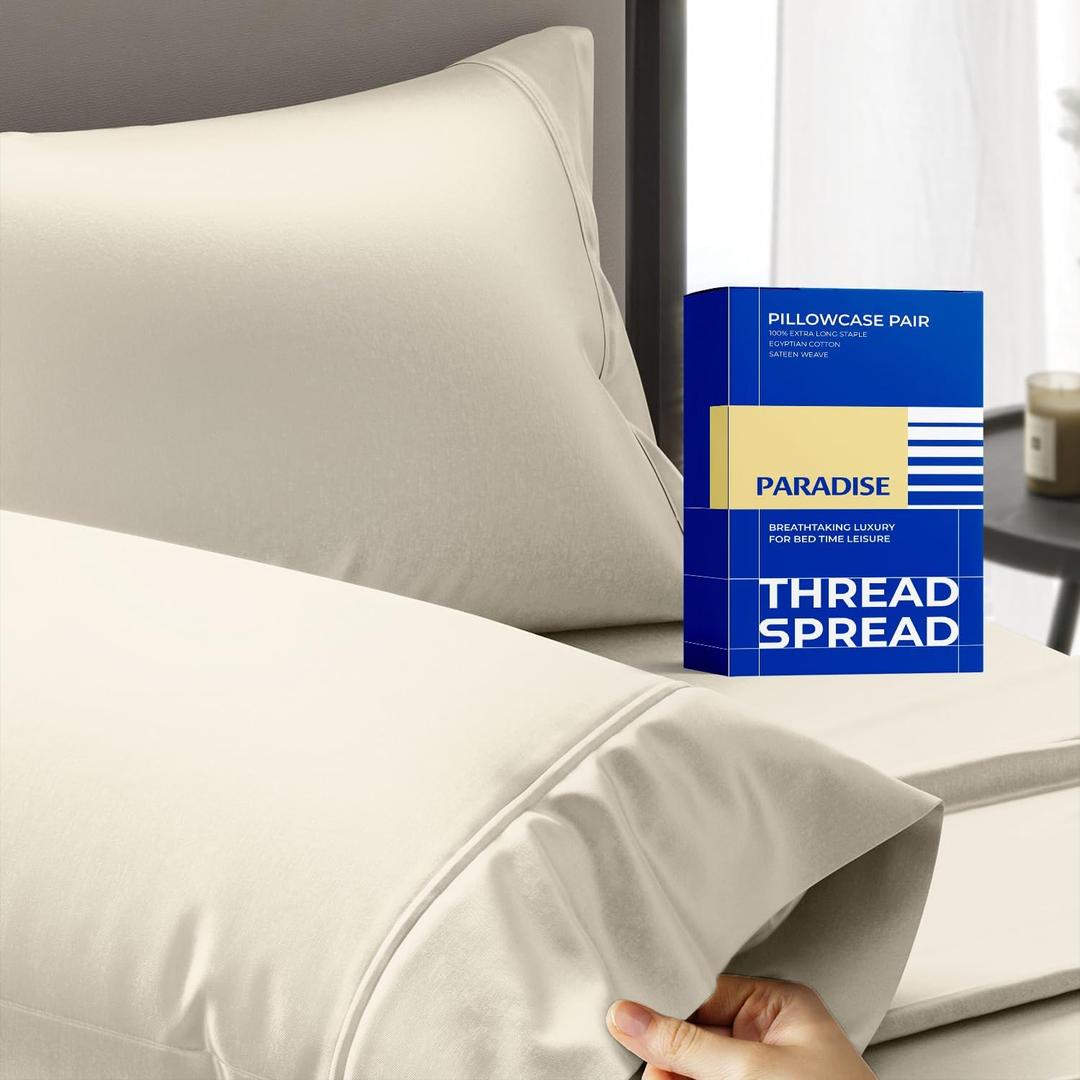 Thread Spread 100% Egyptian Cotton Pillow Cases Queen Size Set of 2 - Luxury 1000 Series Paradise Collection Queen Pillow Cases (Ivory), Soft Cooling Sateen Hotel Egyptian Cotton Pillowcases