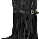 Richealnana Women's Fringe Pointed Toe Block Heel Pull On Metal Buckle Western Cowboy Boots (Black,10)