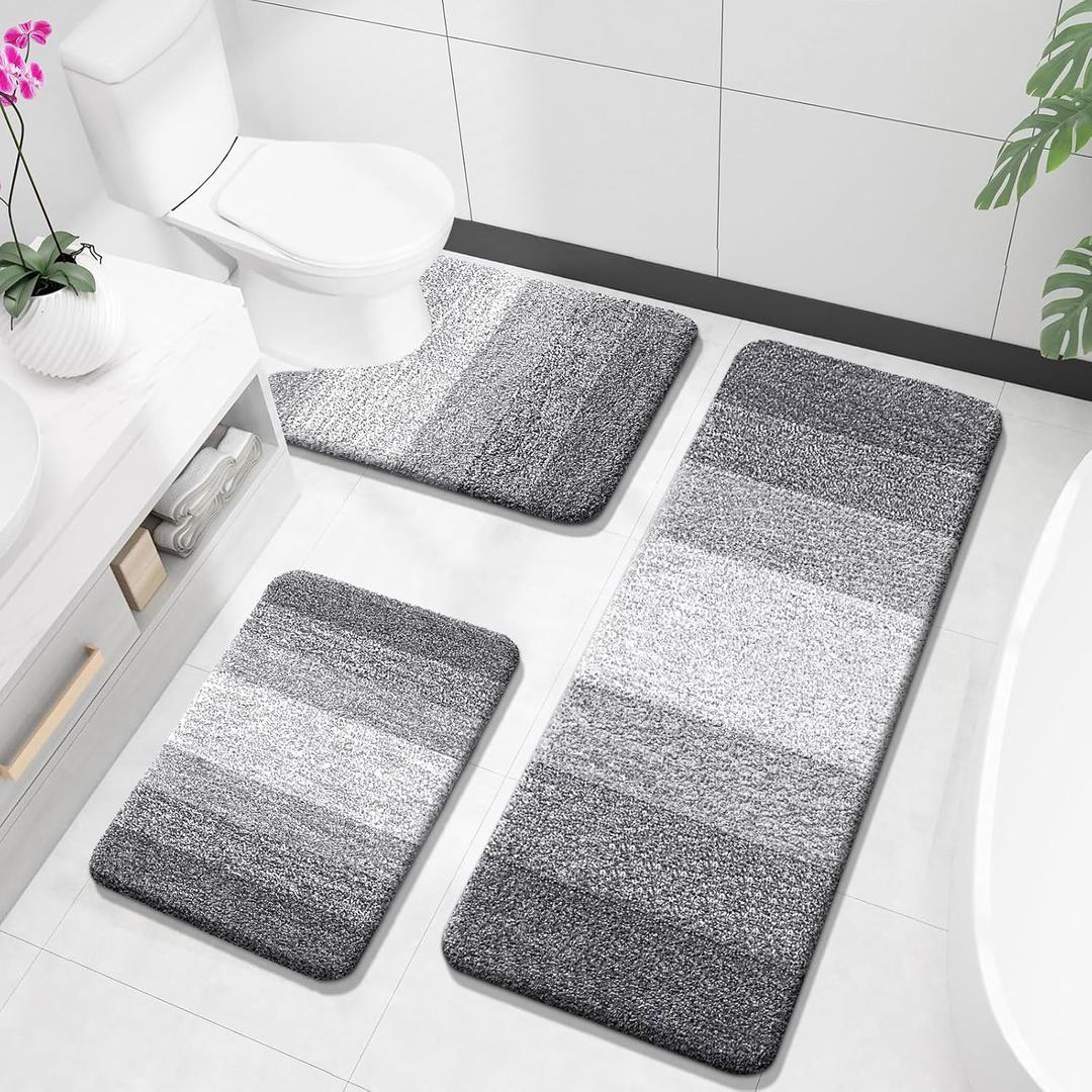 OLANLY Bathroom Rugs Sets 3 Piece, Soft Absorbent Microfiber Bath Mats and U-Shaped Contour Toilet Rug, Plush Shaggy Bath Mat Set for Bathroom (47"x20"+24"x16"+24"x20", Grey)