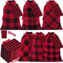 Aneco 16 Pieces Mini Christmas Buffalo Plaid Drawstring Bag 7.8 by 5.9 Inches Cotton Xmas Bag Candy Sack Stocking Storage with 20 Pieces Tags
