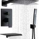 Matte Black Faucet Set Shower Head with Tub Spout and Handle System Square Wall Mount for Bathroom, 