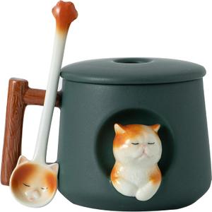 DIHOclub Adorable 3D Ceramic Cat Mug with Lid and Spoon - Perfect for Coffee, Tea, Milk, and More - Ideal Gift for Animal Lovers - 14 Ounces (Green)