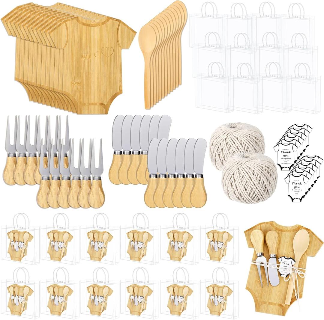Bonerwhite 74 Pcs 12 Sets Baby Shower Game Prizes Gift Bulk for Guest Winner Bamboo Clothing Shaped Cheese Charcuterie Board Spoon Fork Butter Spreaders Thank You Tag Gift Bag for Baby Shower Favors