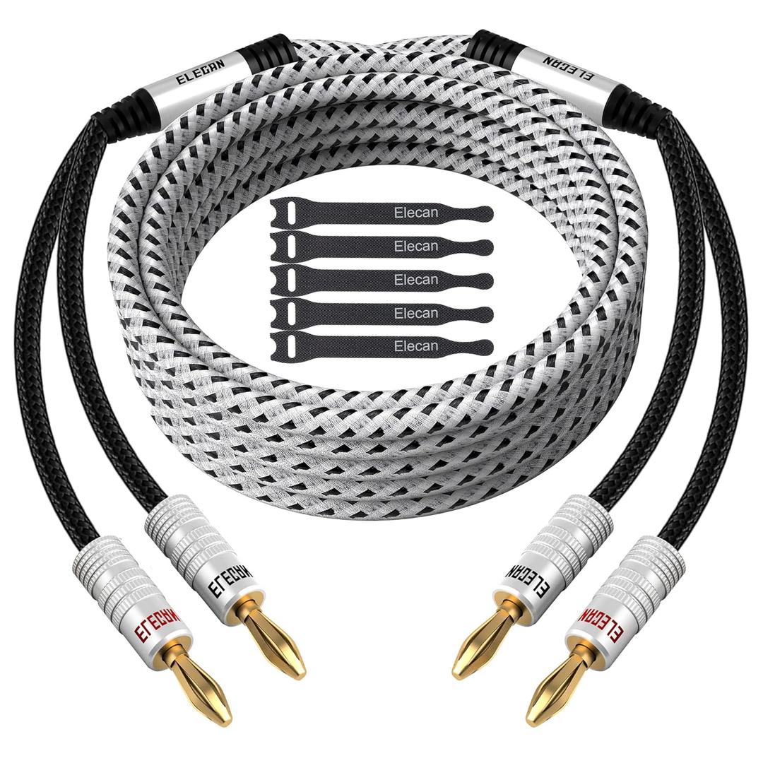 Elecan 14 AWG Speaker Cable Wire 8 Feet with Gold-Plated Banana Tip Plugs-CL2 Rated-in Wall-Heavy Duty Nylon Braided, Oxygen-Free Copper (OFC)-White-with 5 Cable Ties