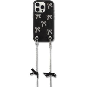 Crossbody Case for iPhone 15 Pro - Black with Stylish Silver Detachable Chain - Silver Bows