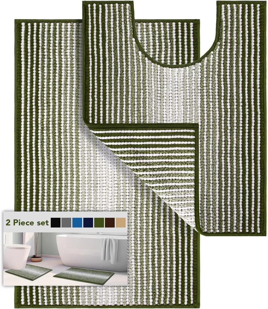Bathroom Rugs Sets 2 Piece, Toilet Rugs U-Shaped, Contour Bath Mat Set for Toilet Bathroom, Soft Absorbent Chenille Bath Carpet, Quickly Dry, Washable (Sage, 32" x 20" + 24" x 20")