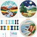 BEUNITONE 3PCS Landscape Punch Needle Kit for Adults Beginners, Complete Craft Kit Needlepoint Kits for Adults with Hoop, Punch Needle Starter Craft Set for Cloth Festival Gift and Home Decor 20X20CM