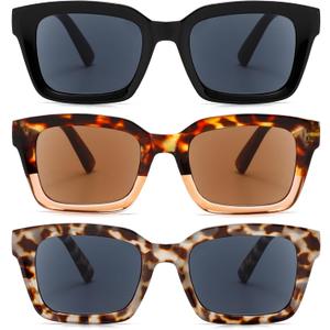 3 Pack Reader Sunglasses Square Reading Sunglasses Women Spring Hinge Stylis Ladies Full Lens UV400 Outdoor (Black, Tea Tortoise Shell, White Tortoise Shell)