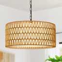 Farmhouse Chandeliers for Dining Room, Hand Woven 5-Light Rattan Pendant Light, Boho Rattan Chandelier with Linen Shade, Rustic Hanging Lighting for Bedroom and Kitchen Island (Bulb Not Included)