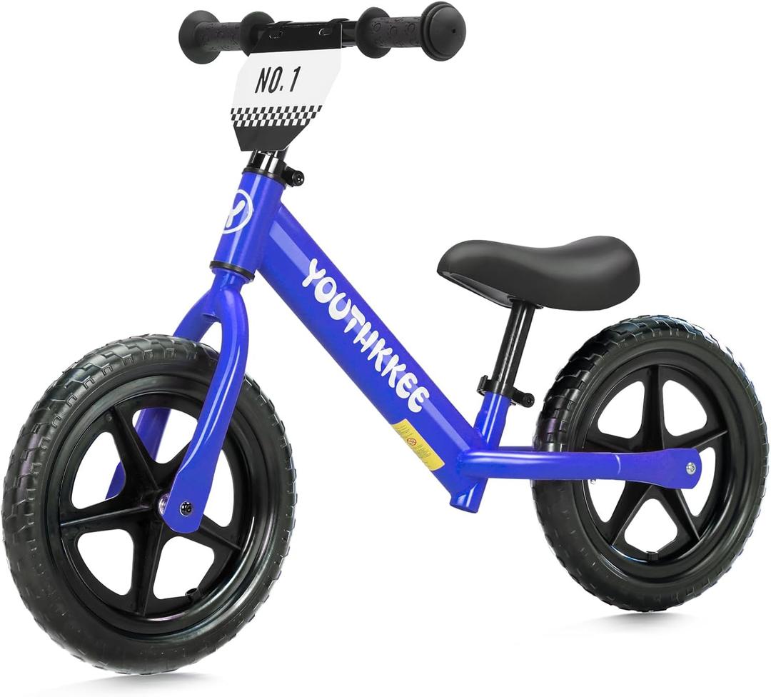 Youthkkee 12 Inch Toddler Balance Bike for 1-3 Year Olds, No-Pedal Bike with Tool-Free Adjustable Seat, Quick Assembly, Gift for 1-3 Year Old Boys & Girls with Customizable Plate (KC, Blue)