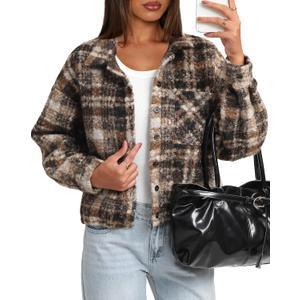 Darong Women's Cropped Fuzzy Fleece Jacket Shacket Button Down Plaid Leopard Jackets Warm Winter Soft Cozy Coat, M