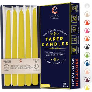 Vibrant Yellow 10 Inch Taper Candles - Pack of 12 Premium Unscented, Dripless & Smokeless Hand-Dipped Candles for Birthday, Wedding or Dinner Decorations and Formal Candlelighting