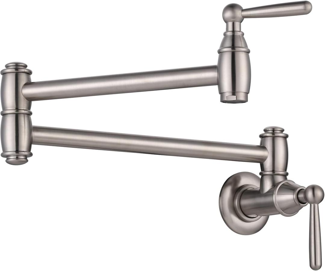 Pot Filler Faucet Brushed Nickel, ARCORA Modern Pot Filler Wall Mount 2 Handle with Double Joint Swing Arms Brass Stove Faucet