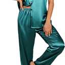 Ekouaer Silk Satin Pajamas Set Women Short Sleeve Sleepwear Soft Button Down Loungewear Pjs Set (XX-Large, Blue Green)