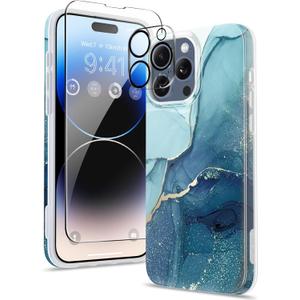 GVIEWIN Marble for iPhone 15 Pro Case, with Screen Protector & Camera Lens Protector, [10FT Military Grade Drop Protection] Slim TPU Phone Case Cover Women for iPhone 15 Pro 6.1" (Navy Blue)