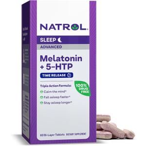 Natrol Advanced Sleep Melatonin + 5HTP, 6mg, Calming Sleep Aid for Restful Sleep, 60 Time-Release Tablets, 60-Day Supply (60 Count (Pack of 1))
