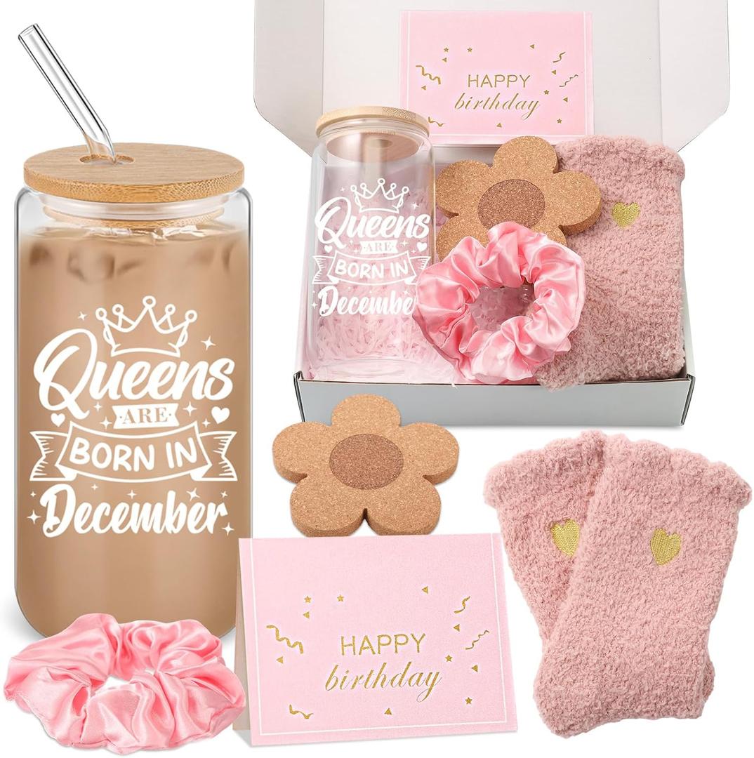 5 Pcs Birthday Gift Sets for Women Including Glass Cup, Floral Coaster, Socks, Pink Hair Tie & Card Birthday Themed Gifts for Her, Wife, Mom, Friend & Coworkers(December)
