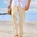 PASLTER Mens Casual Linen Pants Loose Fit Elastic Drawstring Waist Straight-Legs Summer Yoga Beach Long Pants (Beige)