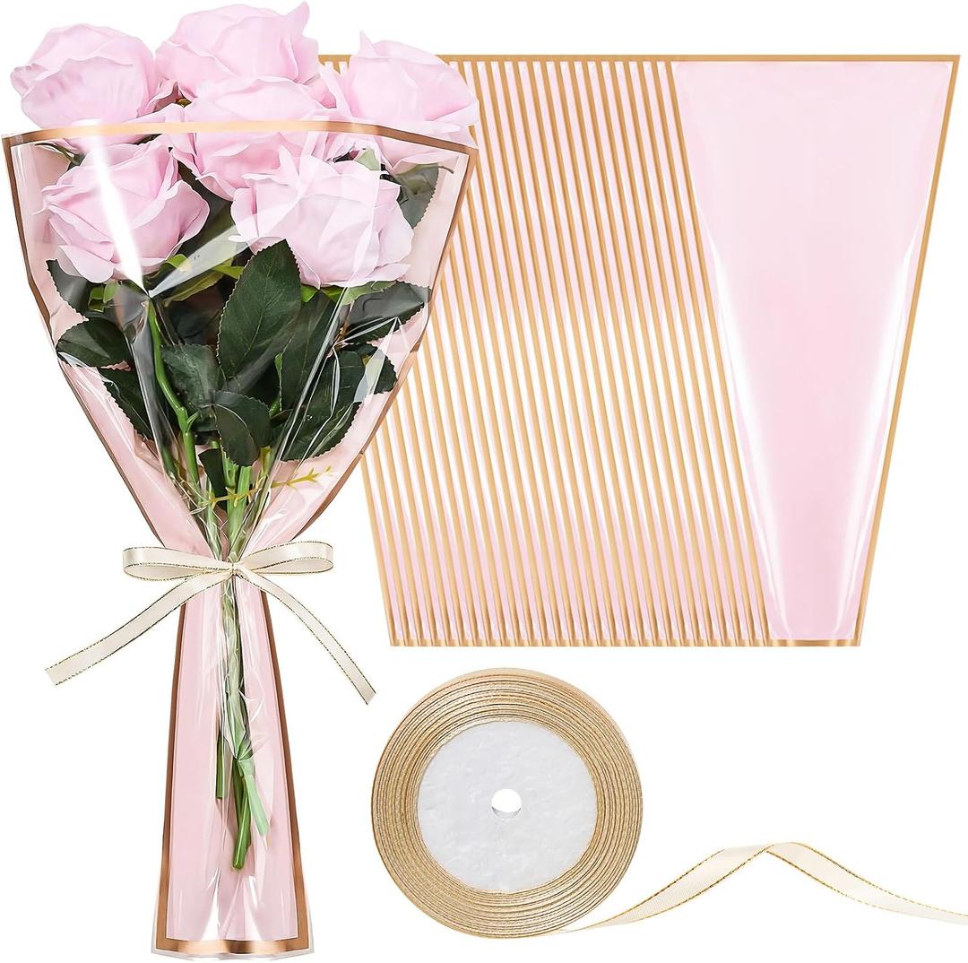 YooNotee 60 Pcs Flower Wrapping Bags for Valentine's Day Bouquets Supplies 17.7 x 10.9 Inches Plastic Flower Bouquet Sleeve Clear Front Floral Wraps with Ribbons for Graduation Party (Pink)