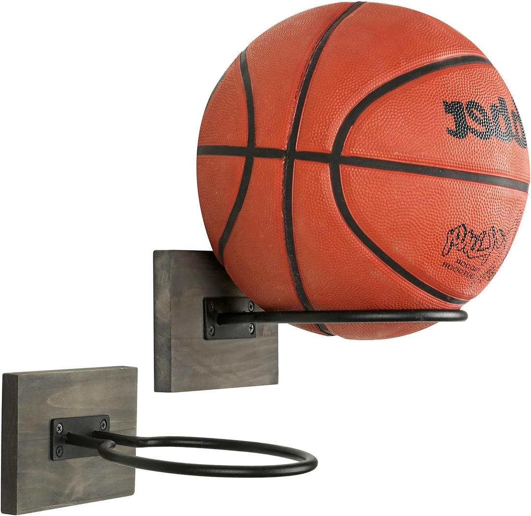 MyGift Wood & Metal Wall-Mounted Sports Ball Holder Storage, Set of 2
