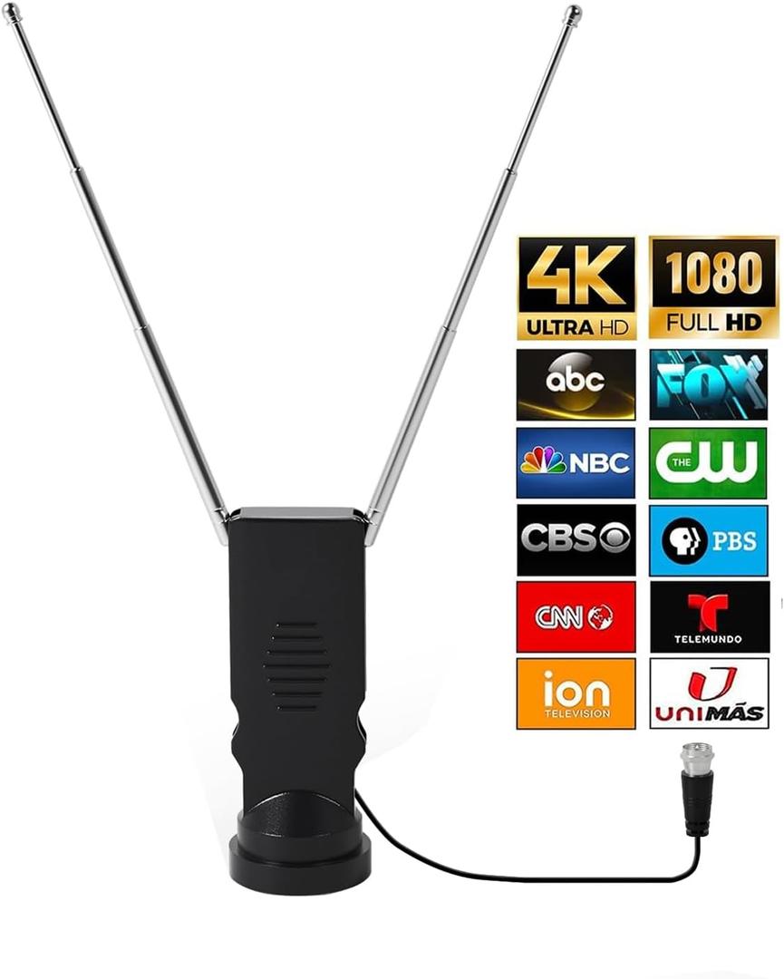 Smart Indoor TV Antenna - Long Range Rabbit Ears, Cable-Free Digital HDTV Channels, Stickiness Base for Easy Placement in Both Home and Car
