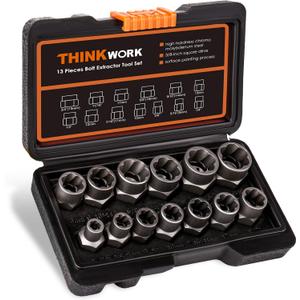 THINKWORK Bolt Extractor Kit, 13+1 Pieces Nut Extractor Socket Set, 3/8" Drive Rounded Bolt Remover, Lug Nut Removal Tool, Rusted, Rounded-Off, Stripped Fasteners