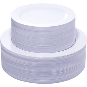 KIRE 120PCS White Plastic Plates - Heavy Duty White Disposable Plates for Party/Wedding - Include 60Pieces 10.25inch White Dinner Plates - 60Pieces 7.5inch White Dessert/Salad Plates