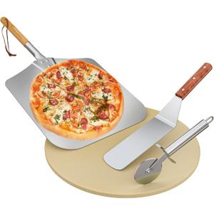 Onlyfire 4-Piece Pizza Stone Set 15" Round Cordierite Baking Stone for Oven & Grill, 14"x16" Pizza Peel, Stainless Steel Spatula & Cutter Complete Pizza Making Kit for Crispy Crust, Bread, BBQ