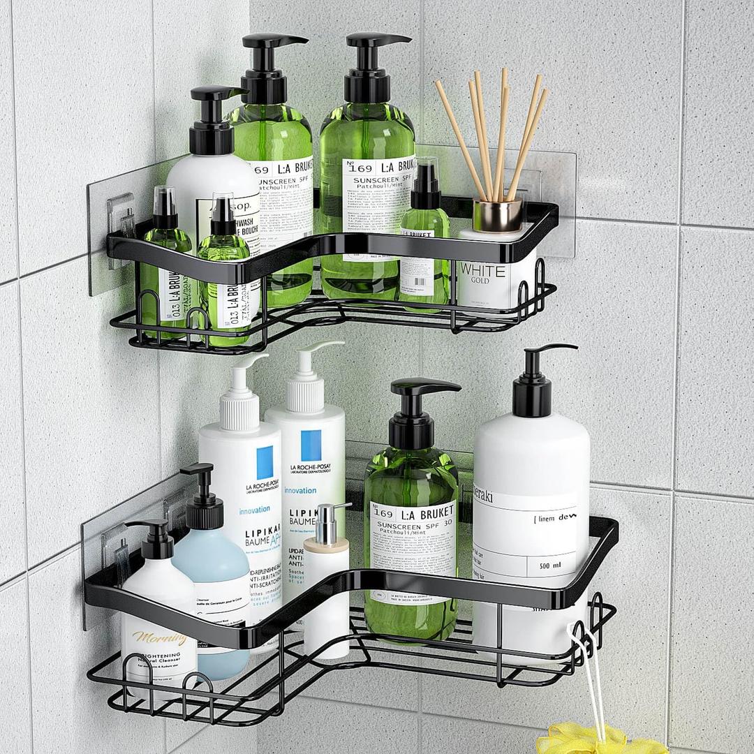 Corner Shower Caddy, 2 Pack Adhesive Shower Organizer with 8 Hooks, No Drilling Rustproof Stainless Shower Shelves for Bathroom, Organizers and Storage Racks, Black