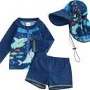 Baby Toddler Boys Swimsuit 3Pcs Set Rash Guard Swimsuits Shark Print Long Sleeve Zip Up Bathing Suit Swimwear Hat (Blue, 12-18 Months)