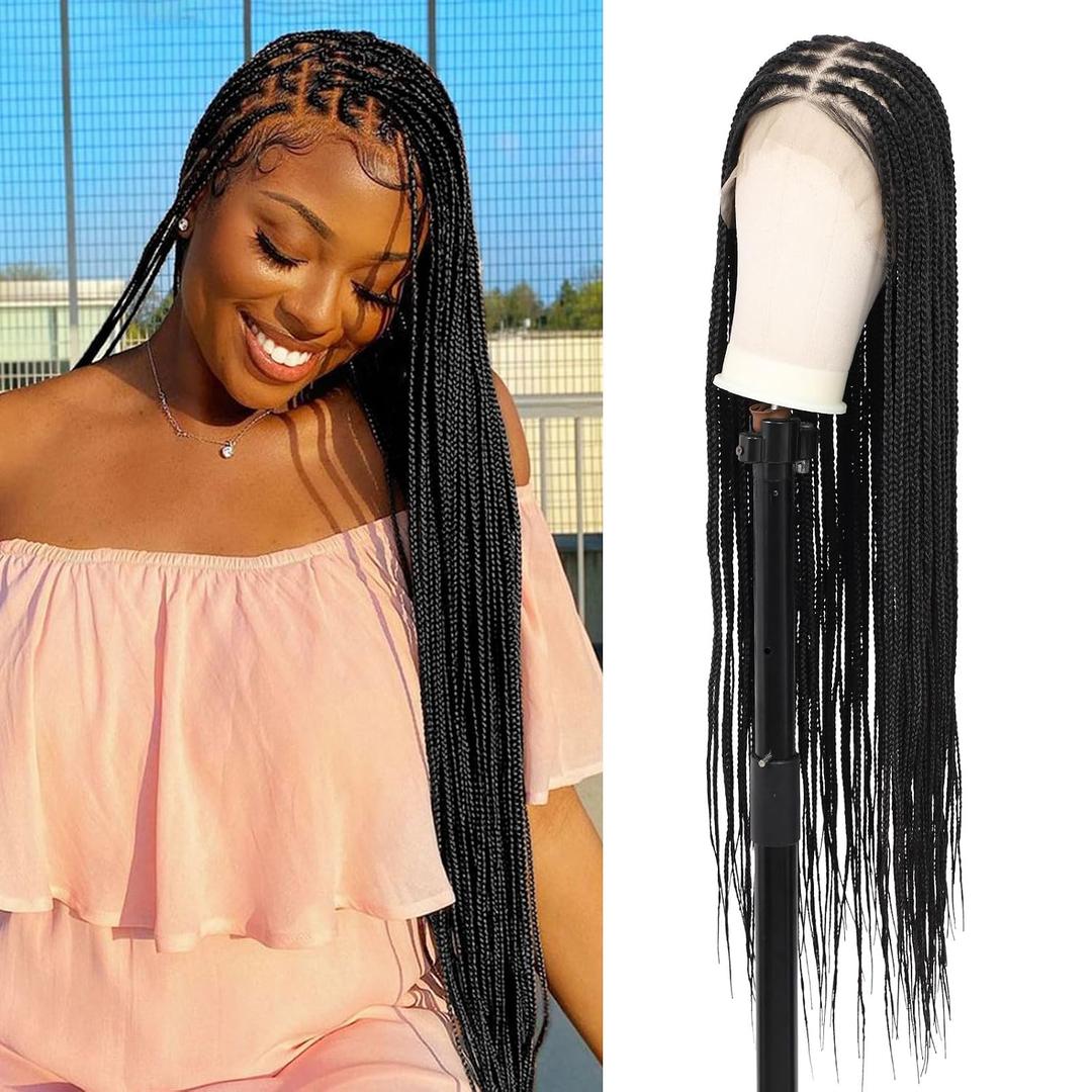 360 HD Full Lace Knotless Braided Wigs for Women Box Braid Wig with Baby Hair Premium Synthetic Natural Looking Black Braided Lace Front Wigs 36 Inch