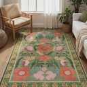 Floral Washable Rugs 5x7, Non-Slip Soft Green 5x7 Area Rugs for Bedroom, Vintage Farmhouse Botanical Low-Pile Carpet Rugs for Living Room Nursery Kids Room (5x7ft,Green)