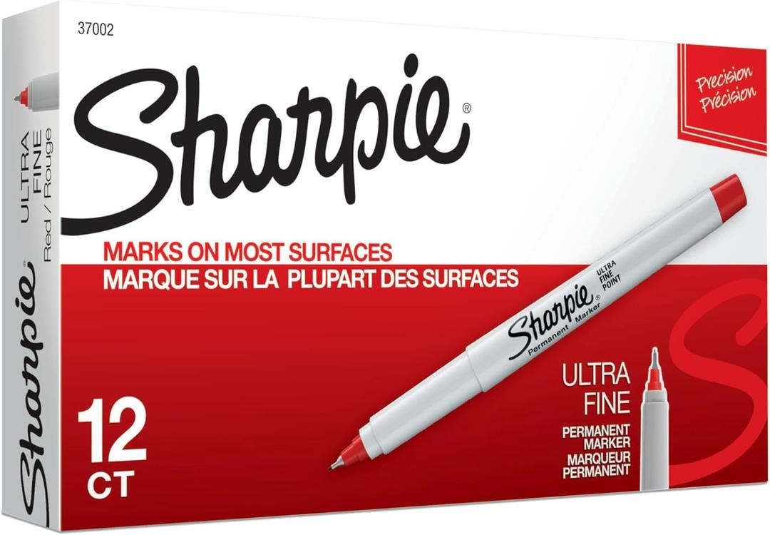 SHARPIE 37002 Permanent Markers, Ultra Fine Point, Red, 12 Count