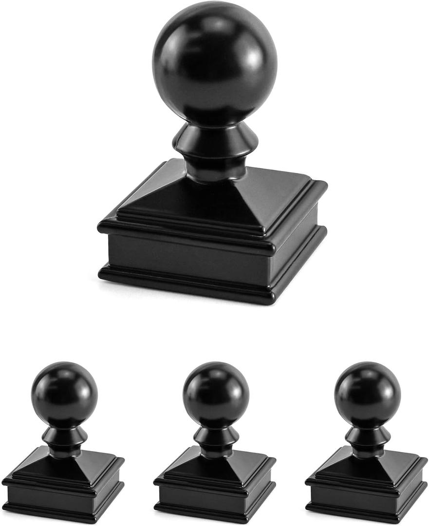 QWORK Fence Post Cap, 4 Pack 2" x 2" Decorative Piling Metal Caps with Top Ball, Black