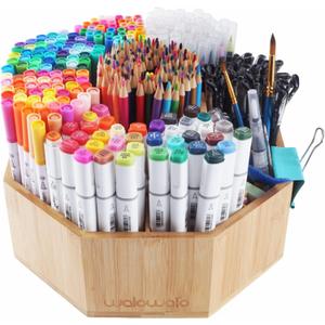 walowalo Bamboo Rotating Art Supply Organizer Holds 800+ Pencils Spinning Crayon 160 Marker Organzier Holder Christmas Gift Desk Brush Storage for Office Classroom Organization Stationary (Larger VER) (Wood)