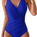 Eomenie One Piece Swimsuit for Women Tummy Control Bathing Suit V Neck Swim Suit Ruched Criss Cross Swimwear (Medium, Royal Blue)
