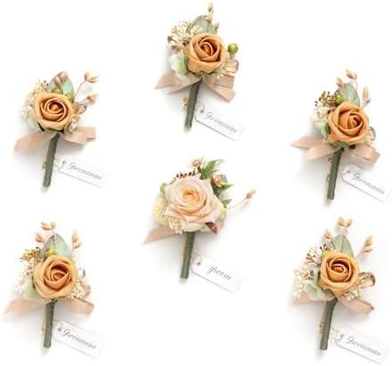 Ling's moment Boutonniere for Men, 6pcs Groom Groomsmen Boutonniere, Artificial Flowers for Wedding Decor/Prom/Homecoming, etc.Yellow Apricot Peach