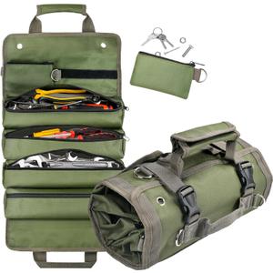 Tool Bag Organizer Roll Up: Gifts for Men Dad Christmas Stocking Stuffers Birthday Motorcycle Tool Portable Box Woodworking Gift for Him Husband Boyfriend Mechanic Craftsman Electrician Rollup Toolbag (Green)