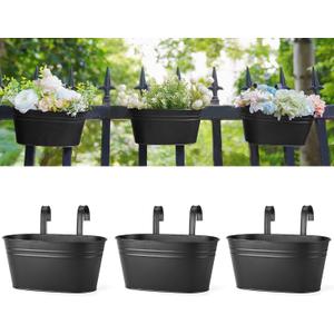 Dahey 10.5 Inch Metal Iron Hanging Flower Pots for Railing Fence Hanging Bucket Pots Countryside Style Window Flower Plant Holder with Detachable Hooks Home Decor,Black,3 Pcs