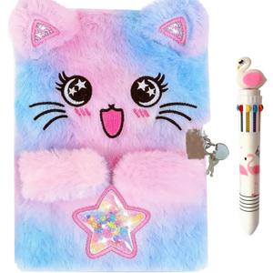 Colorful Cat Diary for Girls Kids Notebook Cute Journal with Lock,Girls Fluffy Plush Diary,Birthday,Christmas,New Year Gift Set for Girls with Multicolored Pen