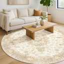 Beige Round Rug 6ft,Large Circle Area Rugs for Living Room Bedroom Dining Room,Washable Boho Vintage Bohemian Distressed Oriental Floral Carpet Non Slip,Retro Gold Floral