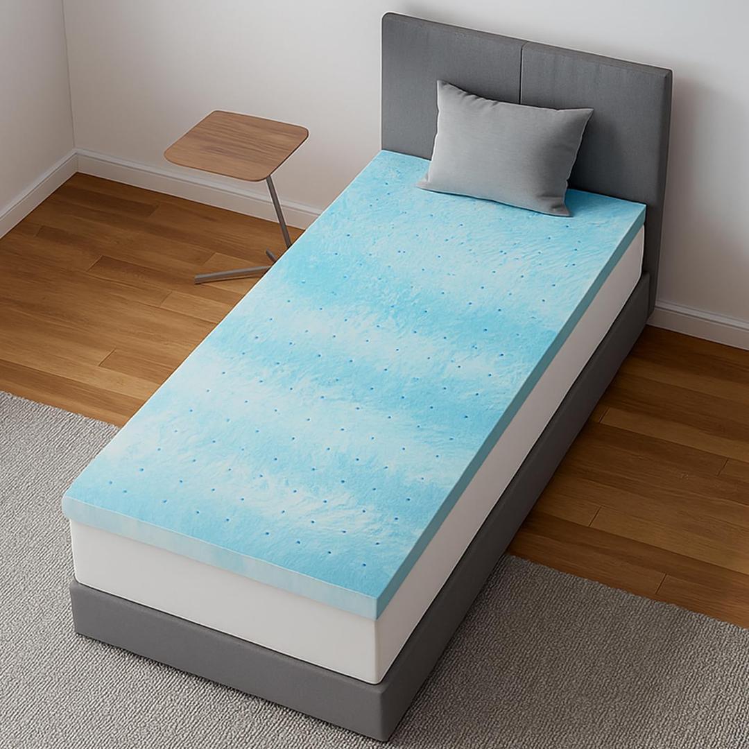 Novilla Twin Memory Foam Mattress Topper 3 Inch, Cooling Gel Infused, Ventilated Pressure Relief Pad, Medium Comfort for Sofa, RV, Camper, Dorm Room