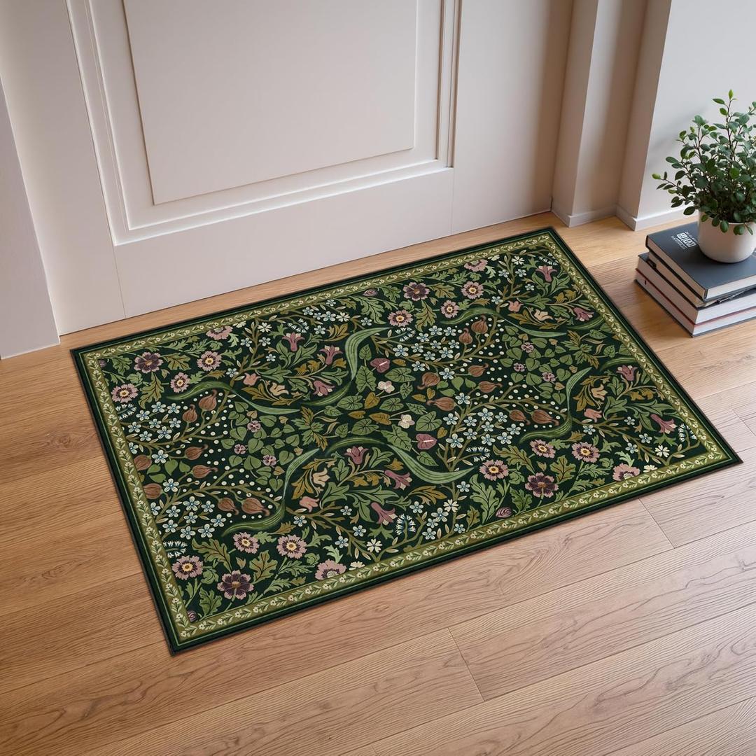 Moynesa Floral Kitchen Rug, 2x3 Washable Rugs Green Non Slip Boho Bathroom Rug, Soft Small Area Rug Indoor Door Mat, Ultra Thin Botanical Throw Rugs for Entryway Bedroom, Green