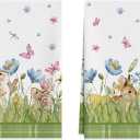 XCHI Watercolor Cute Bunny Eggs Grass Flowers Rabbits Easter Kitchen Towels Dish Towels 18x26 Inch Home Kitchen Decorations Hand Towels Set of 2 Drying Dishcloth