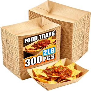 300 Pack 2LB Paper Food Trays, Heavy-Duty Disposable Kraft Paper Food Boats, Serving Basket Tray for Fries Nachos Snacks Hot Dog Taco Popcorn,Food Holder Trays for BBQ Party Picnic Wedding, 14.8" x 6.7" x 5.3"