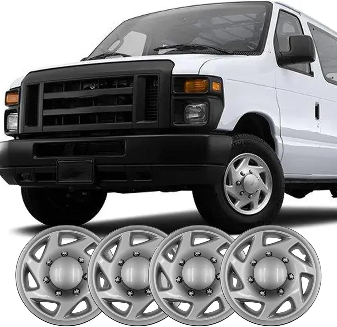 F8UZ-1130-AA Hubcaps Wheel Covers Compatible with Ford E-150(1998-2014)/E-250(1998-2014)/E-350(1998-2019,2021-2024)/E-450(1999-2019,2023) 16" Hubcaps/Wheel Covers Set Silver (Set of 4) F8UZ1130AA