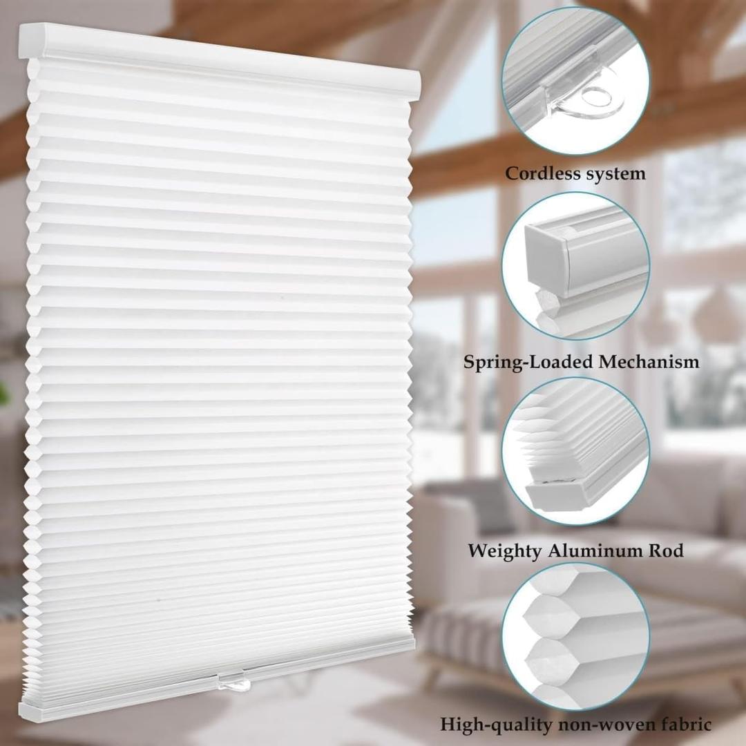 MYshade 1.5-Inch Cellular Cordless Light Filtering Shades, Honeycomb Window Blinds for Soft Daylight & Privacy, Thermal Insulation, Child Safe, Inside or Outside Mount (35" W x 64" H, White)
