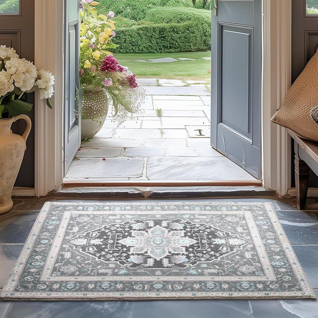 EVERGRACE Faux Wool Area Rugs 2'x 3' Boho Medallion Rugs for Living Room Indoor Outdoor Rugs for Bedroom Dining Room Entryway Kitchen Low Pile Washable Floor Mat Carpet, Misty Gray